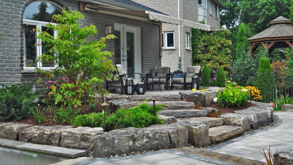 Stone retaining walls and steps