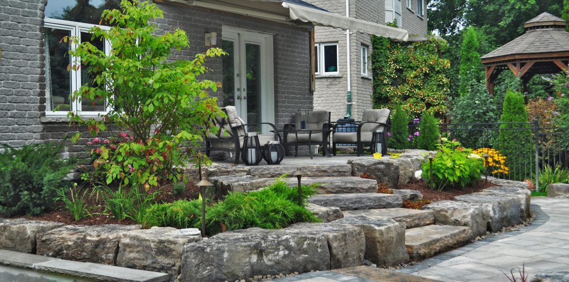 Stone retaining walls and steps