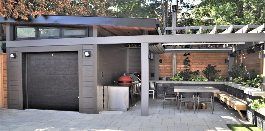 Garage to gazebo transformation with outdoor kitchen
